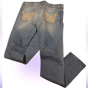 2 B Bebe boot cut rhinestone bling pockets straight skinny jeans Sz